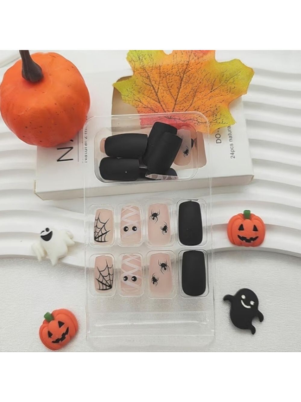 2/$10 Halloween Mummy & Spider Matte Nail Set - Black & Nude - Picture 6 of 7
